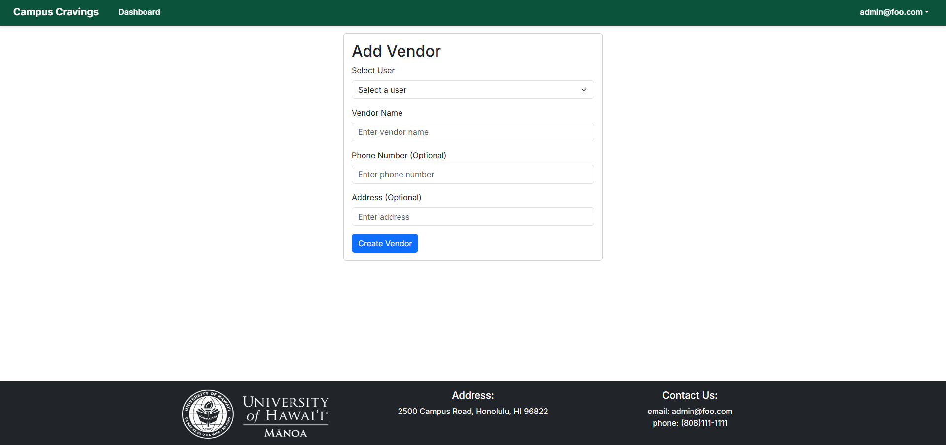 Admin Add Vendor page
