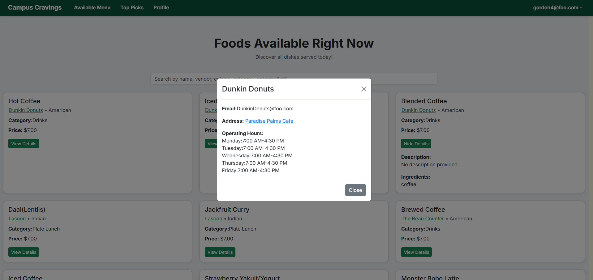User Available Menu page showing details