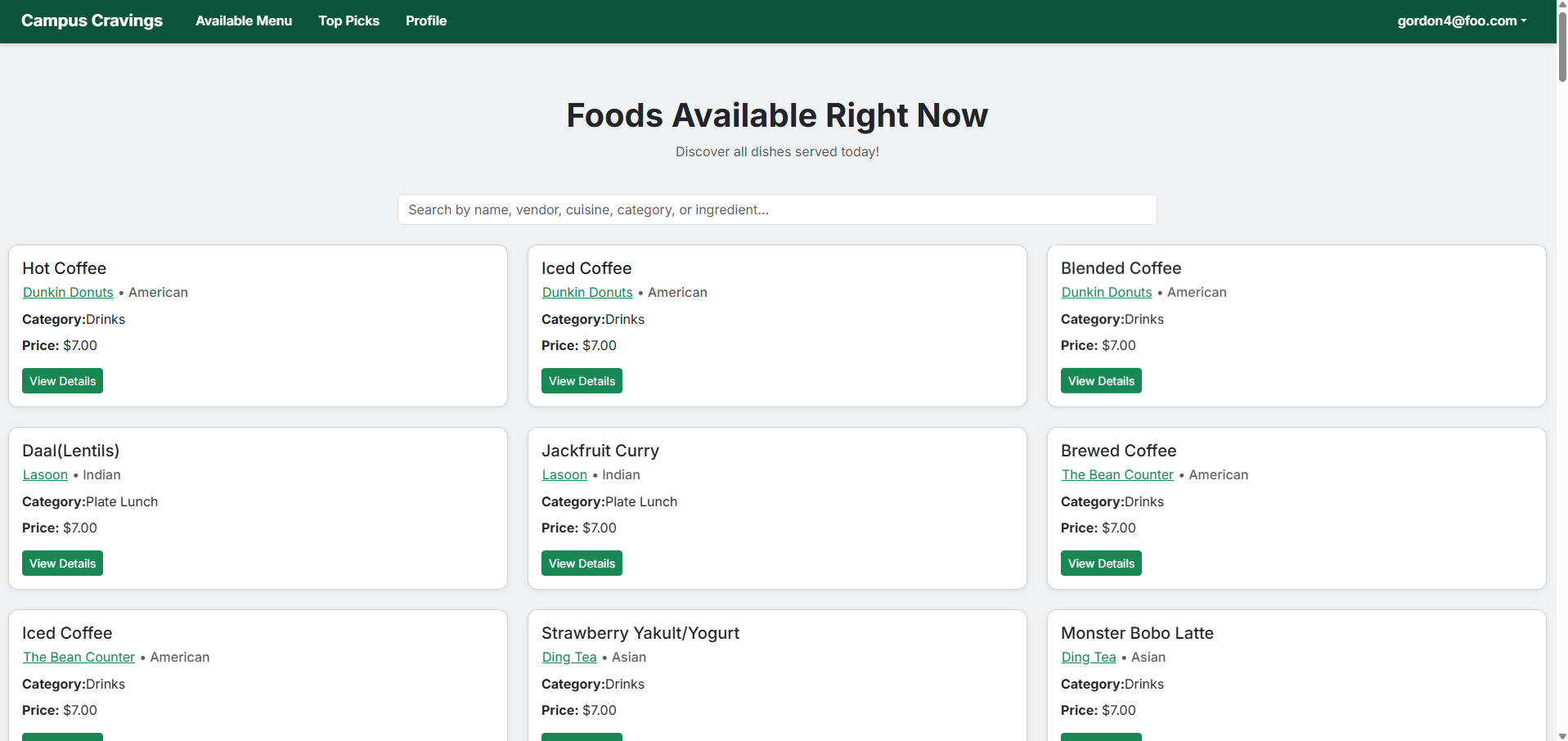 User Available Menu page