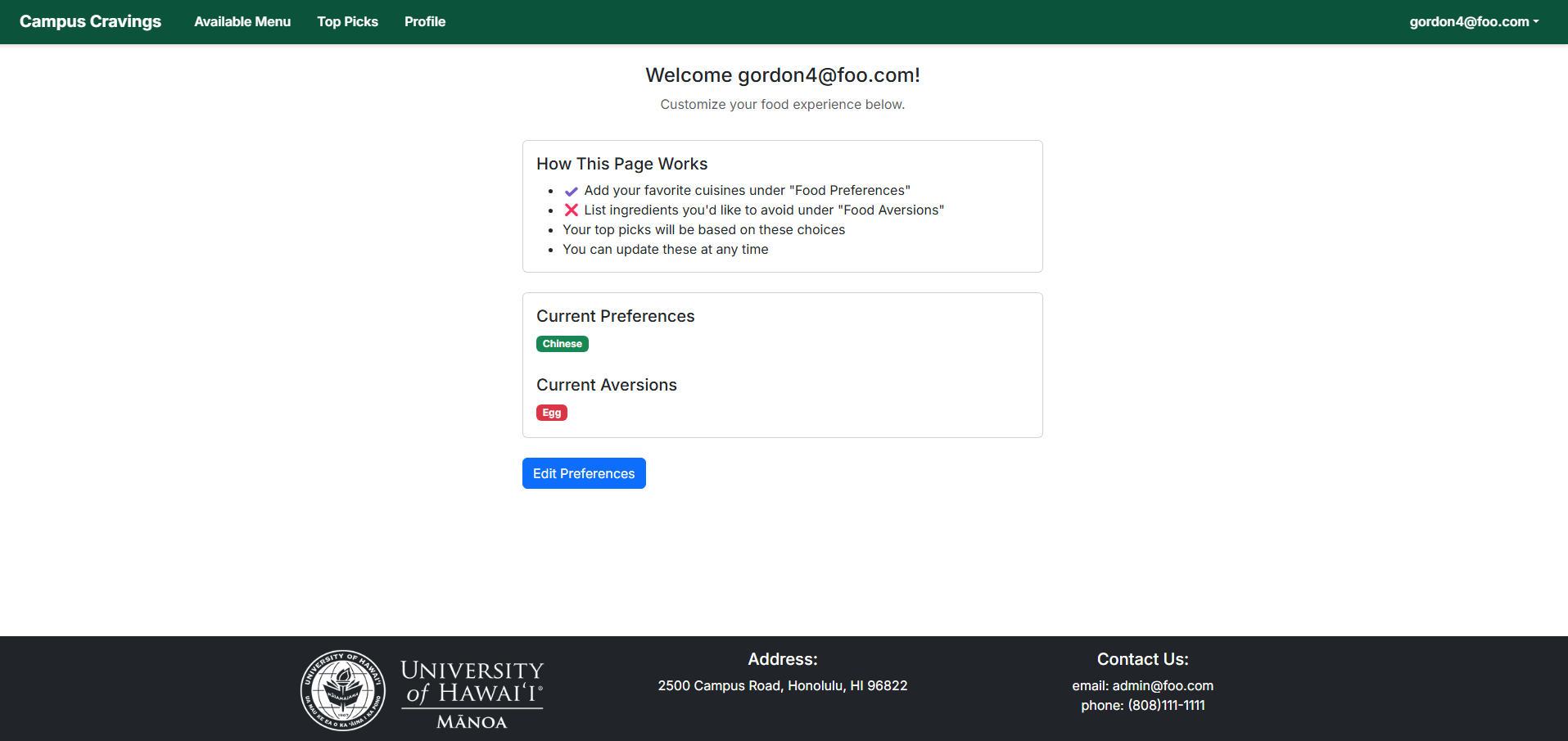 User Profile page