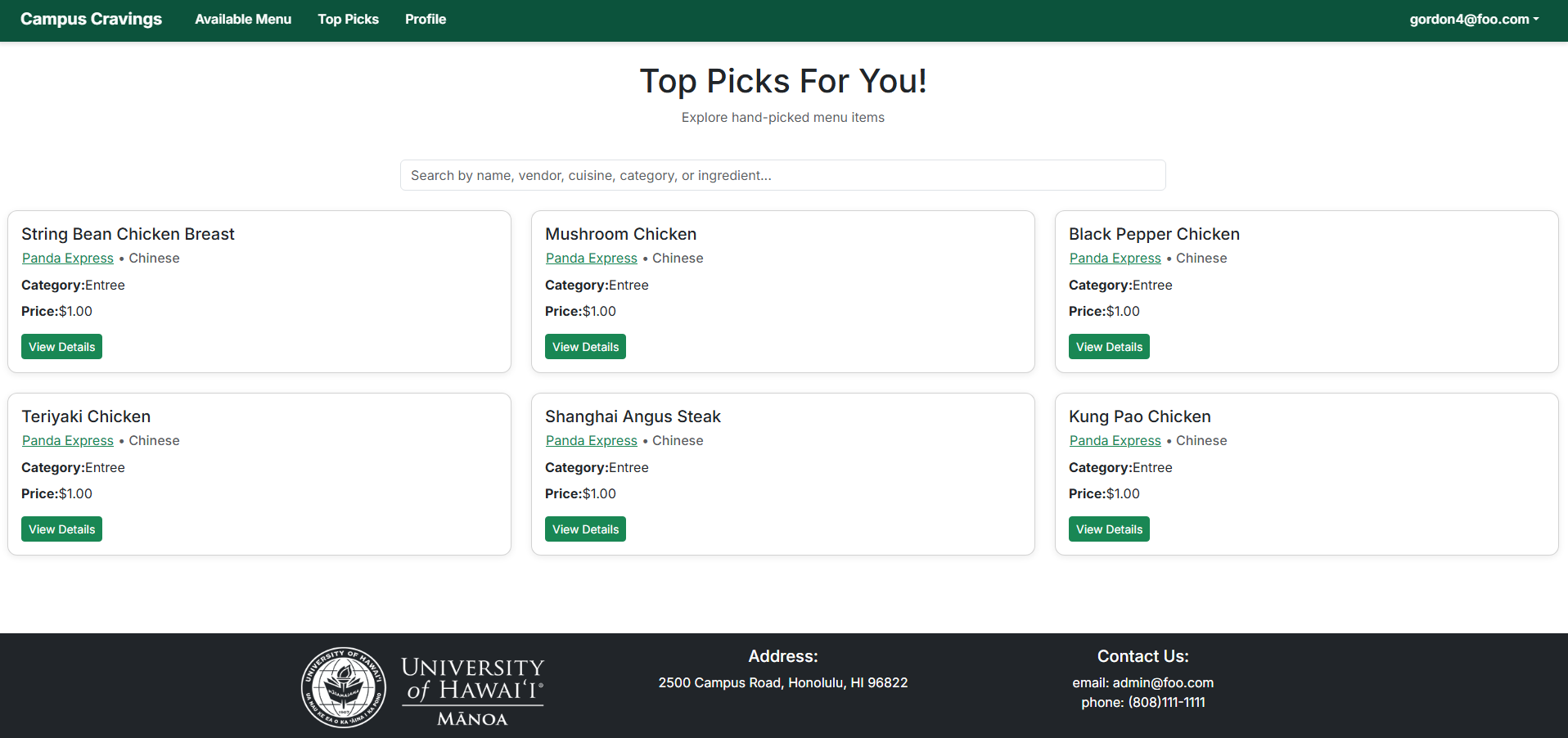 User Top Picks page