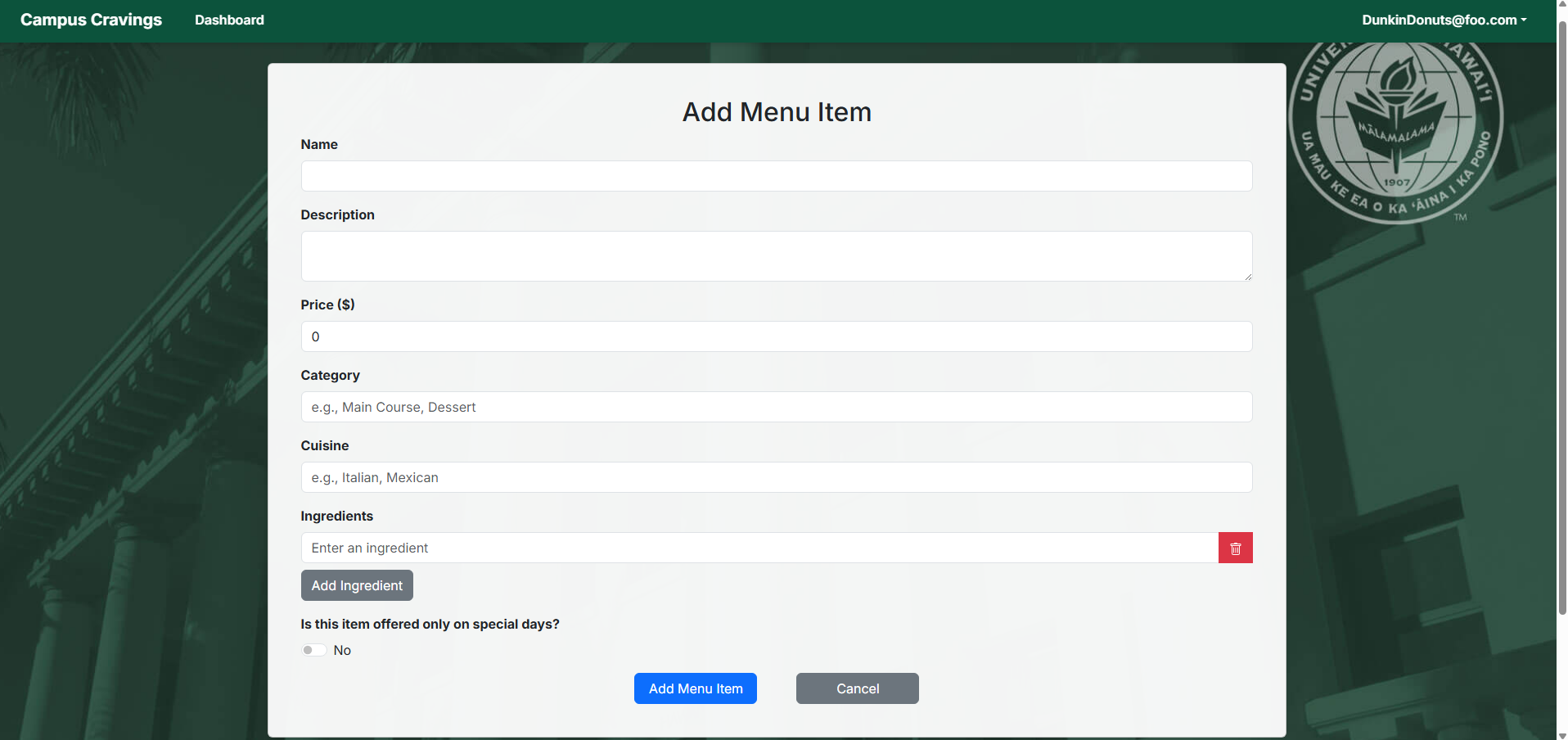 Add Menu Item page