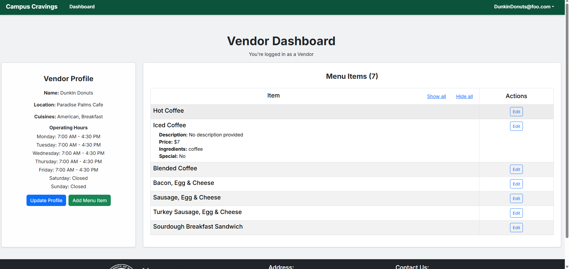 Vendor Dashboard page