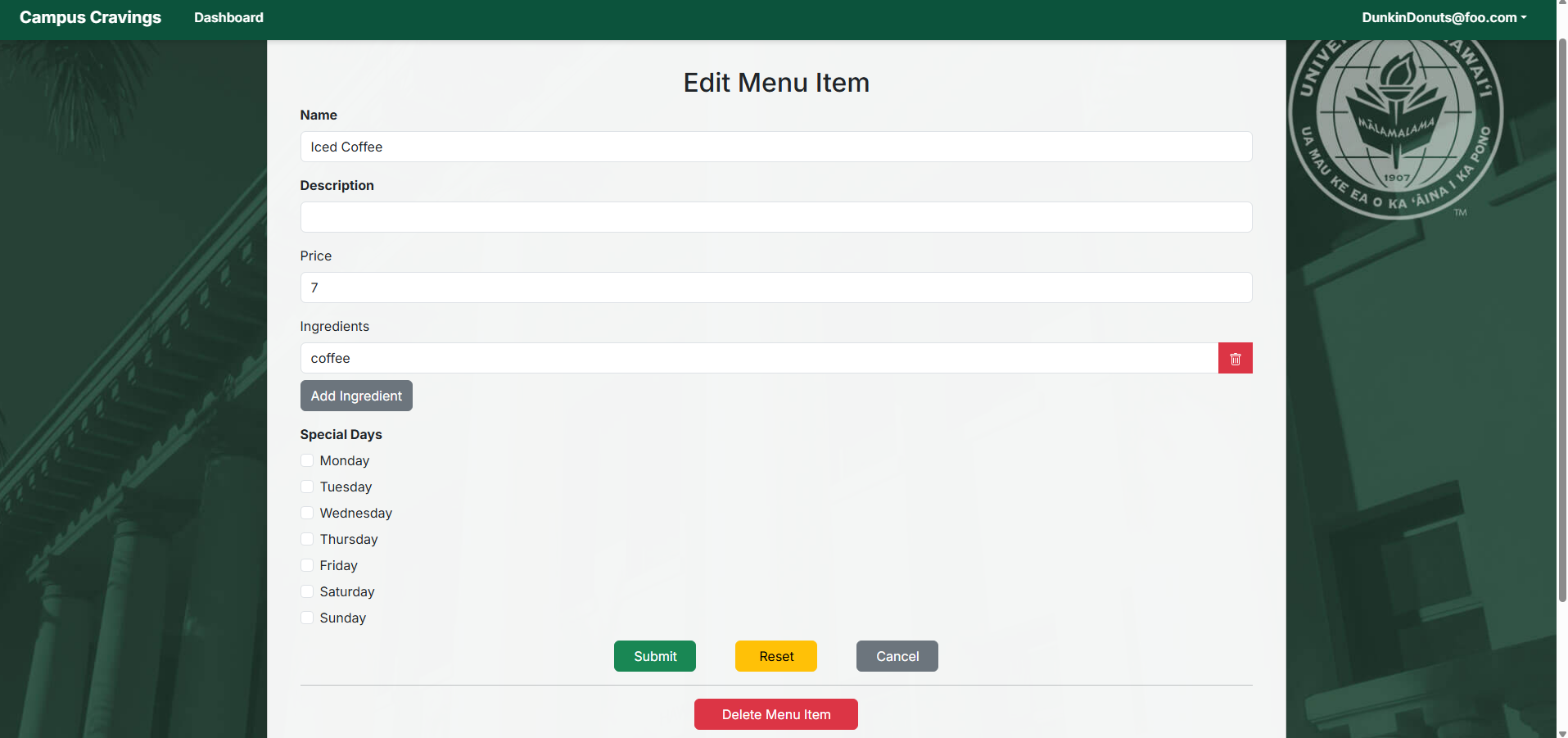 Edit Menu Item page